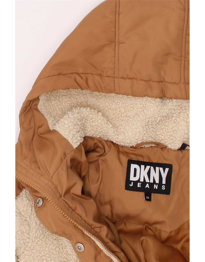 Jaqueta acolchoada com capuz para meninas Dkny 5-6 anos poliéster colorblock marrom