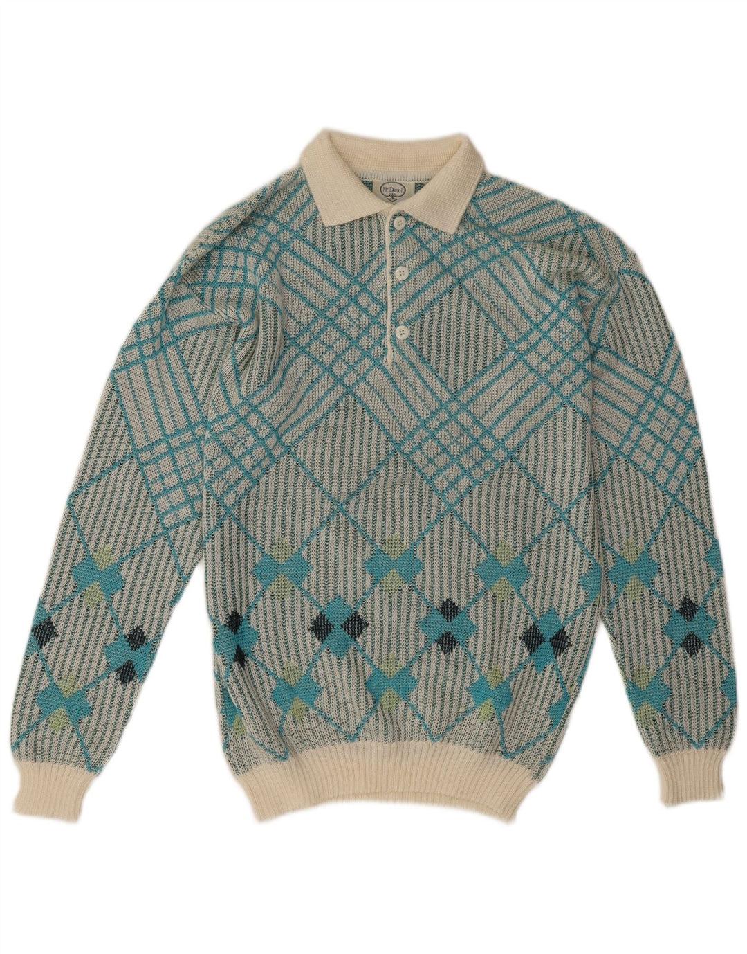 Suéter masculino vintage com gola polo e azul médio geométrico