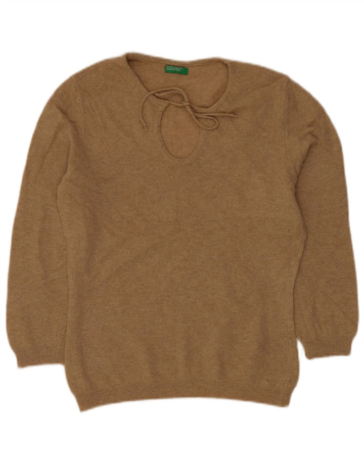 Suéter feminino BENETTON com gola canoa Reino Unido 12 médio bege lã nova