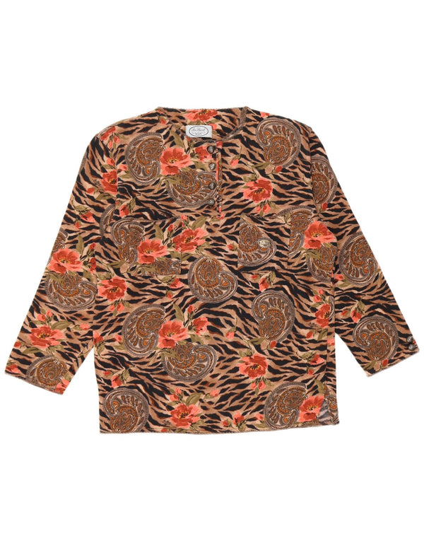 Top feminino vintage manga longa UE 48 2XL algodão paisley marrom