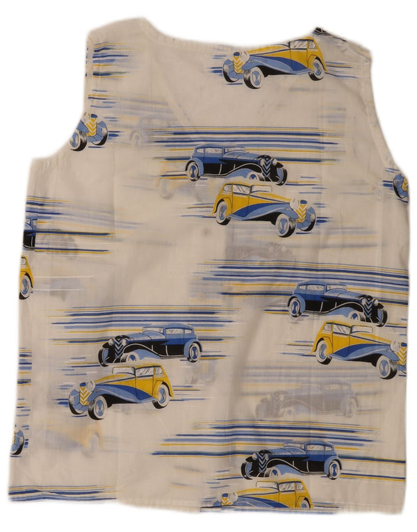 Blusa feminina vintage com padrão abstrato sem mangas Reino Unido 14 grande branca
