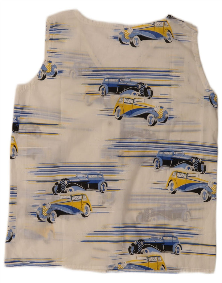 Blusa feminina vintage com padrão abstrato sem mangas Reino Unido 14 grande branca