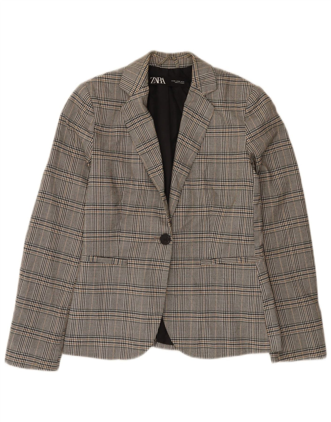 Jaqueta blazer feminina Zara com 1 botão EU 34 2XS cinza xadrez poliéster