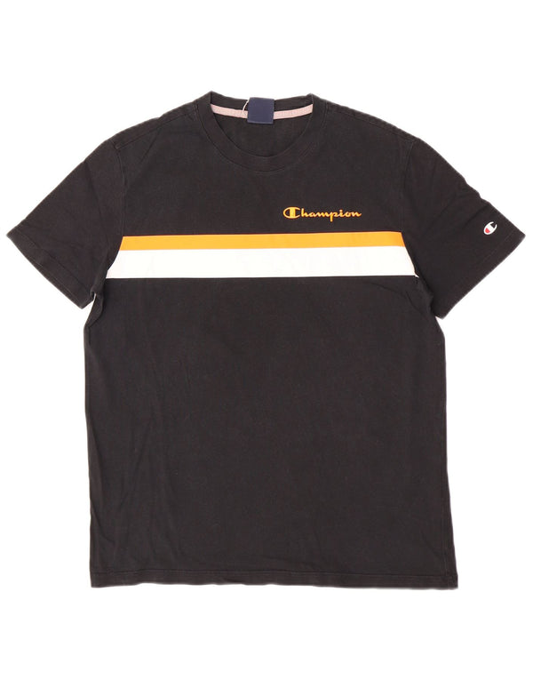 Camiseta masculina Champion pequena preta colorida em algodão