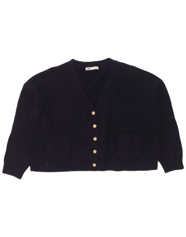 Suéter cardigã feminino Zara crop oversized Reino Unido 18 XL lã azul marinho