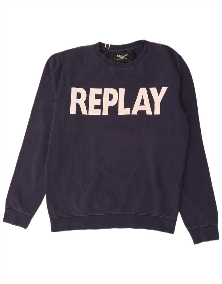 Replay moletom gráfico masculino jumper médio azul marinho algodão