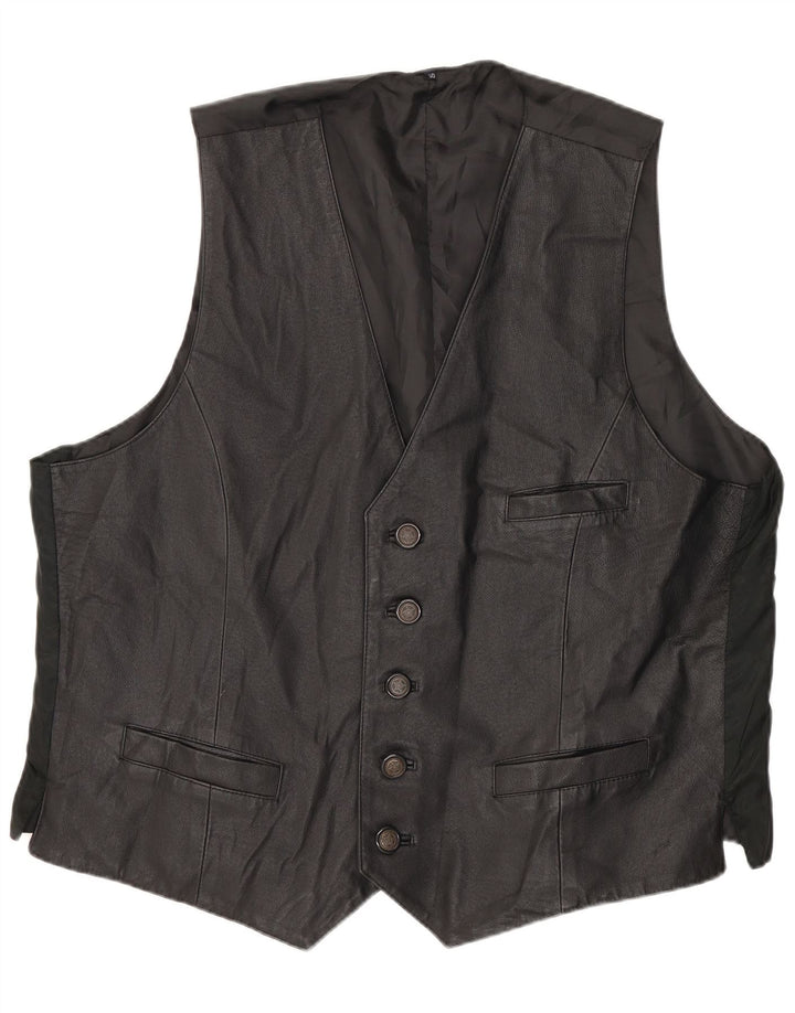 Colete de couro masculino vintage médio preto