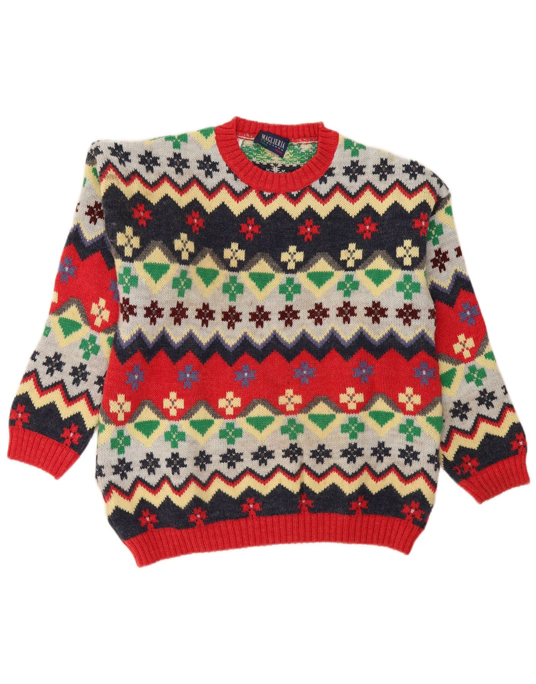 Suéter vintage masculino com gola redonda, médio multicolorido Fair Isle