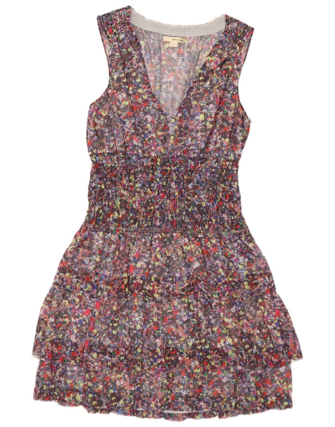 Vestido feminino DKNY sem mangas em camadas EUA 10 grande floral multicolorido