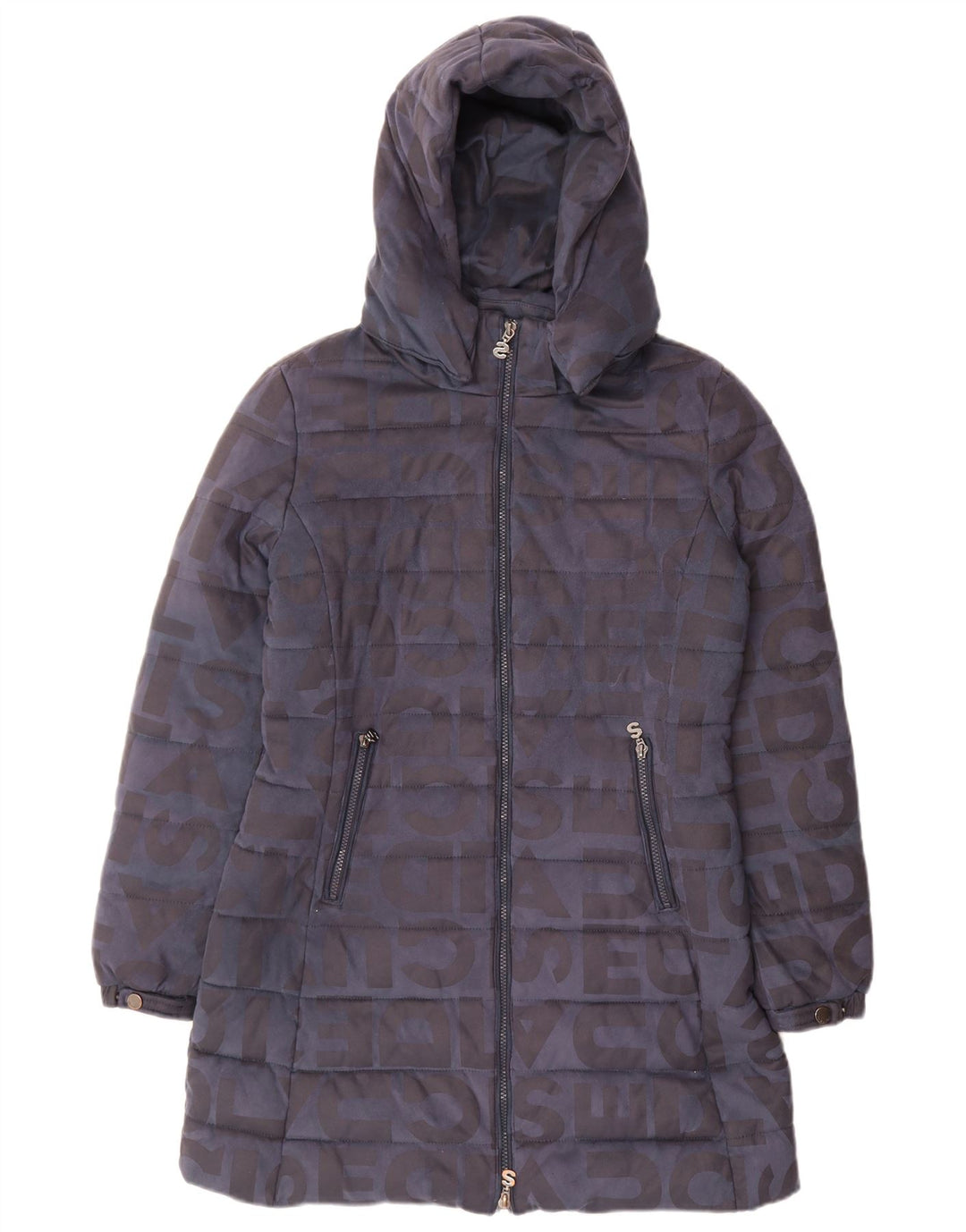 Casaco acolchoado com capuz gráfico feminino Desigual EU 40 médio azul marinho poliéster