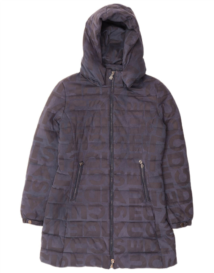 Casaco acolchoado com capuz gráfico feminino Desigual EU 40 médio azul marinho poliéster