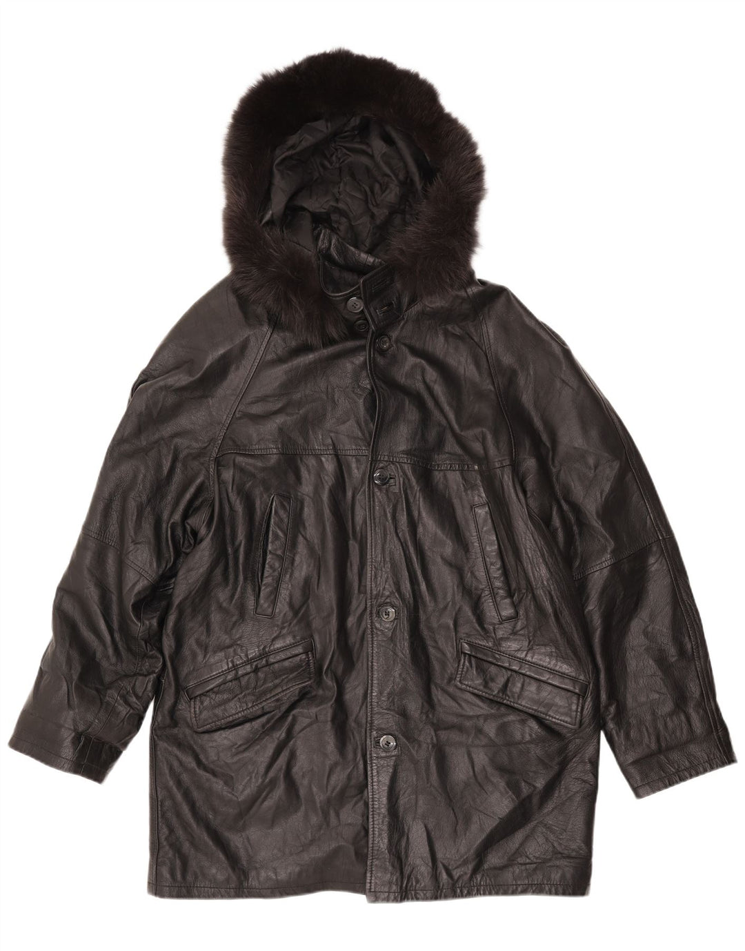 Casaco de couro com capuz feminino vintage folgado Reino Unido 18 XL couro preto