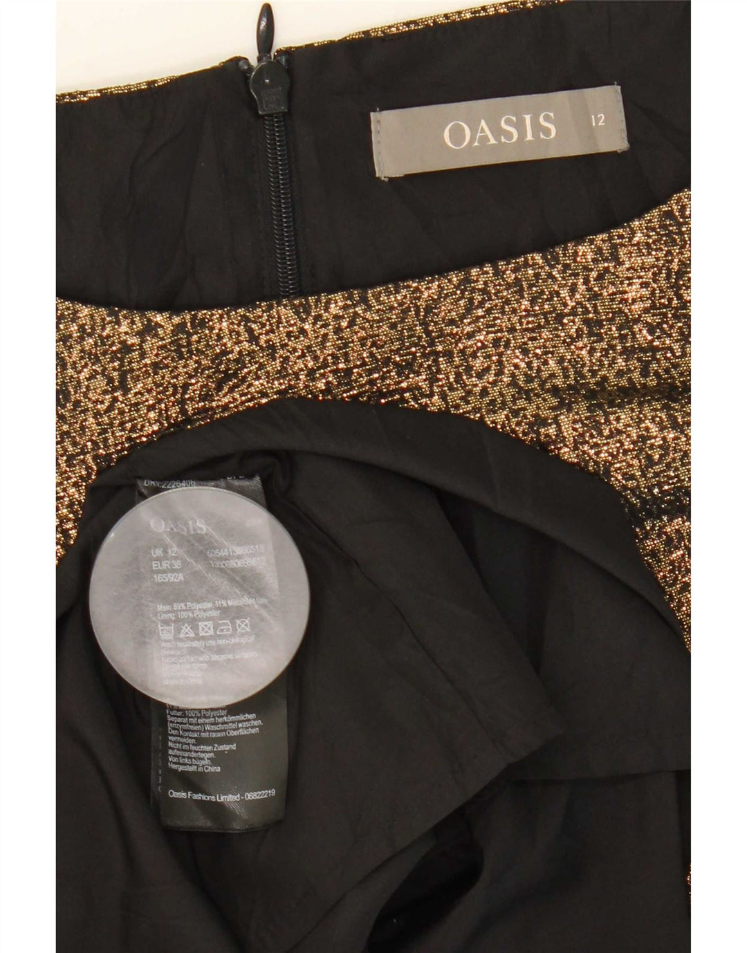 Vestido feminino Oasis sem mangas evasê UK 12 poliéster dourado médio