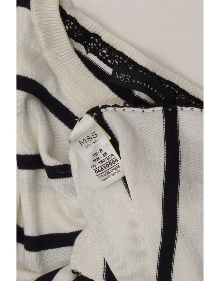 Top feminino Marks & Spencer manga 3/4 UK 8 pequeno algodão listrado branco