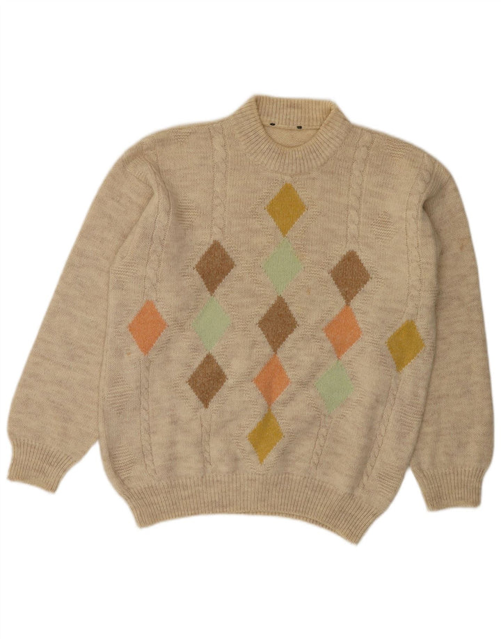 Suéter masculino VINTAGE com gola redonda, médio bege argyle/diamante