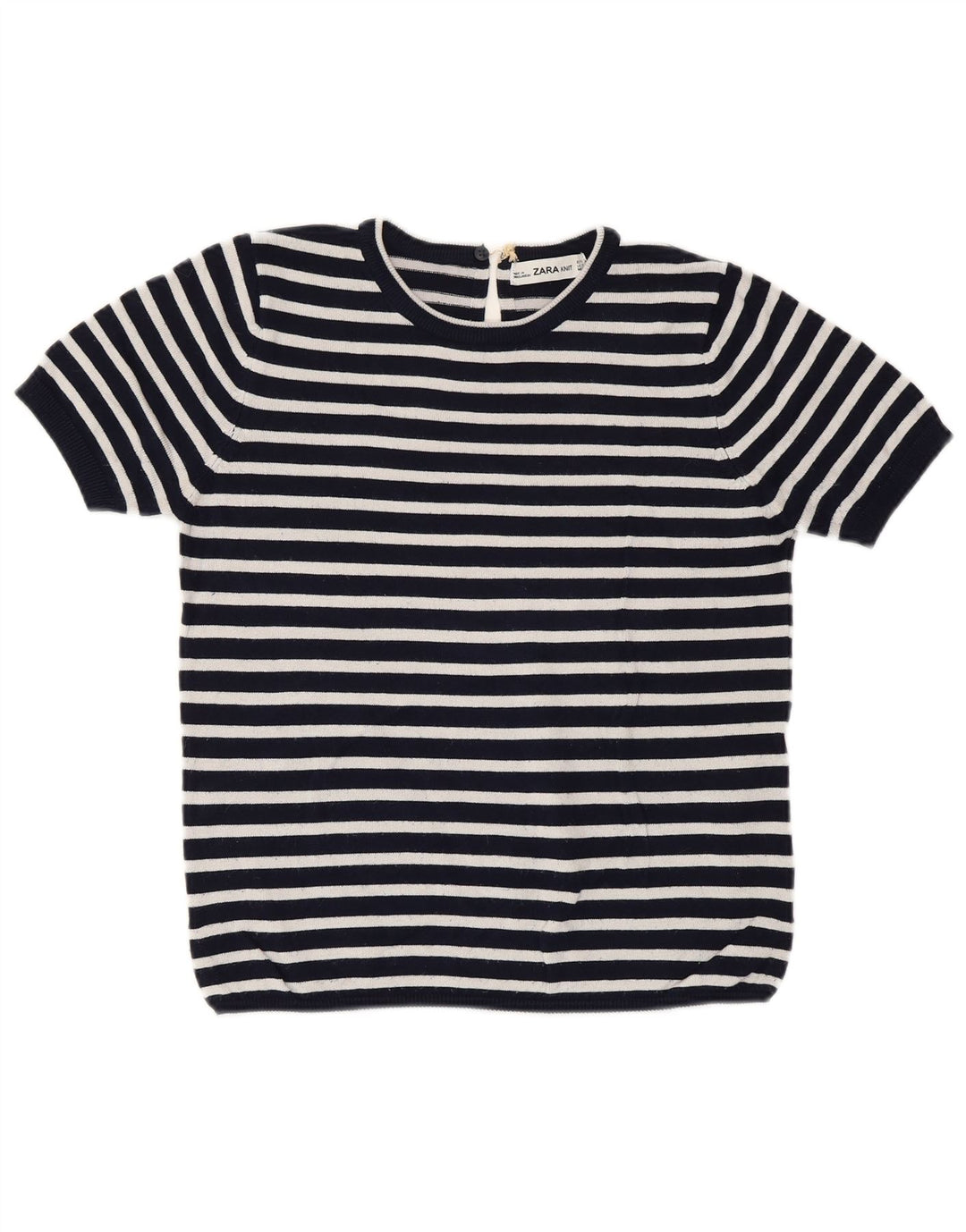 Suéter feminino ZARA com gola redonda e gola redonda, 10 listrado azul marinho pequeno