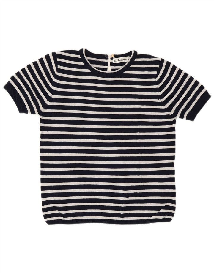 Suéter feminino ZARA com gola redonda e gola redonda, 10 listrado azul marinho pequeno