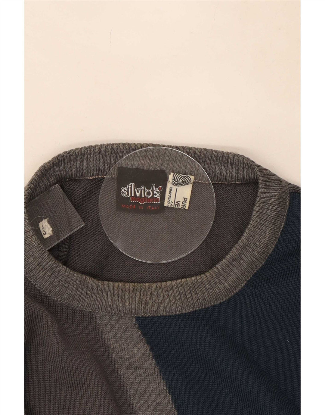 Suéter vintage masculino com gola redonda IT 52 grande bloco colorido cinza