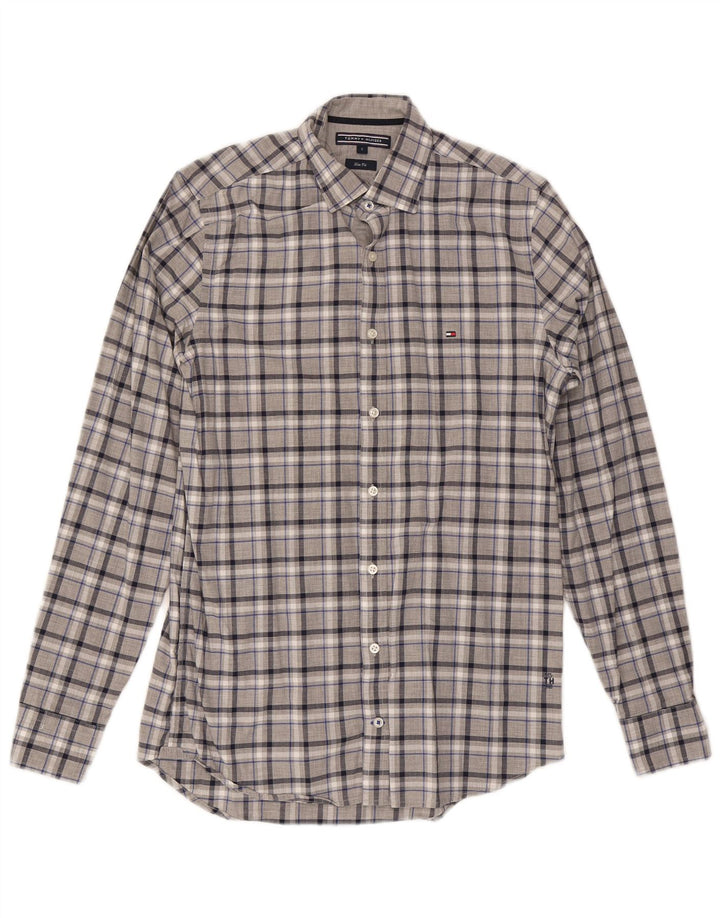 Camisa masculina Tommy Hilfiger Slim Fit pequena cinza xadrez algodão