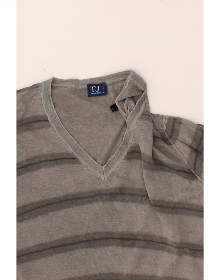 TRUSSARDI JEANS Mens V-Neck Jumper Sweater Medium Grey Striped Cotton Vintage Trussardi Jeans and Second-Hand Trussardi Jeans from Messina Hembry 