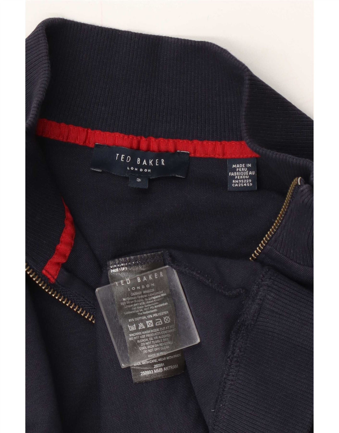 Suéter masculino Ted Baker com zíper e gola tamanho 3 médio azul marinho algodão