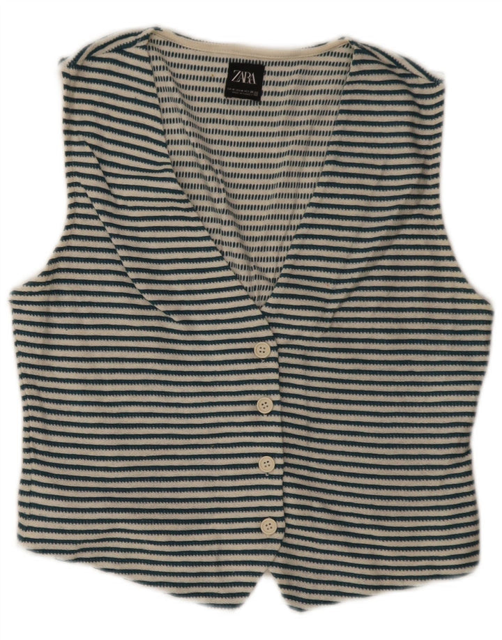 Colete feminino Zara UK 12 algodão listrado azul médio