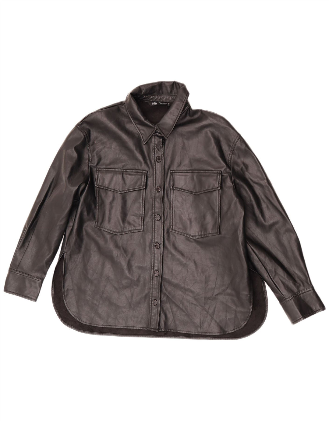 Camisa feminina de couro sintético Zara Reino Unido 14 poliéster preto médio