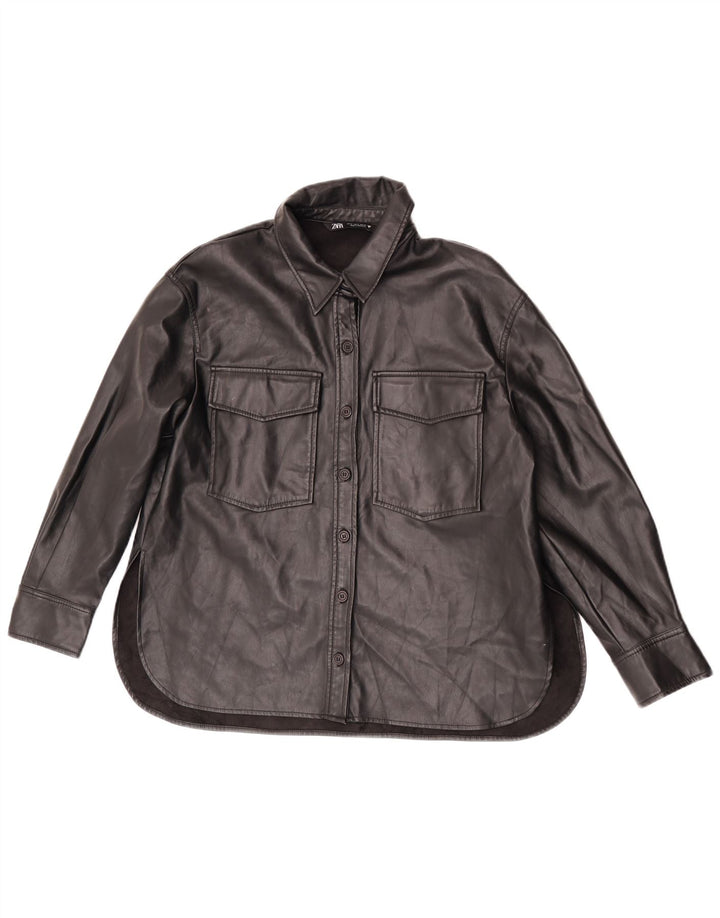 Camisa feminina de couro sintético Zara Reino Unido 14 poliéster preto médio