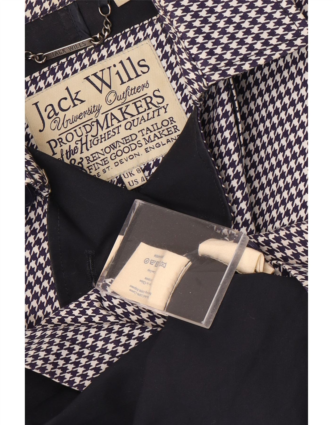 Casaco trench feminino Jack Wills Reino Unido 8 pequeno algodão houndstooth azul marinho
