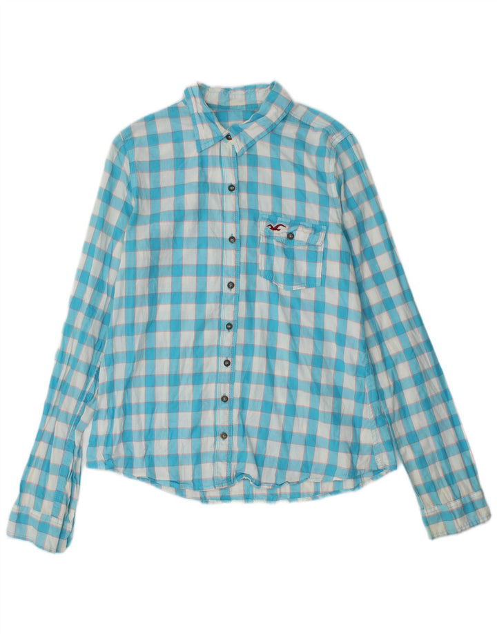 Camisa feminina Hollister UK 12 algodão guingão azul médio