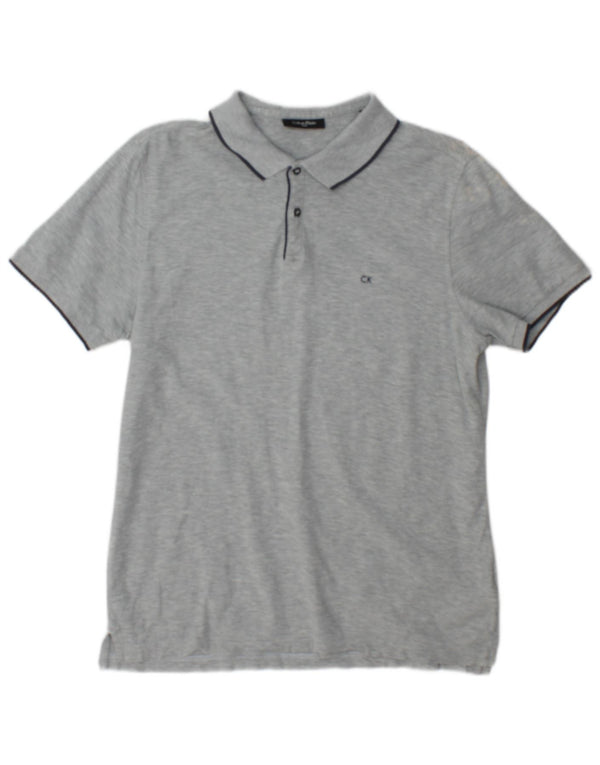 Camisa polo masculina Calvin Klein pequena cinza manchada de algodão