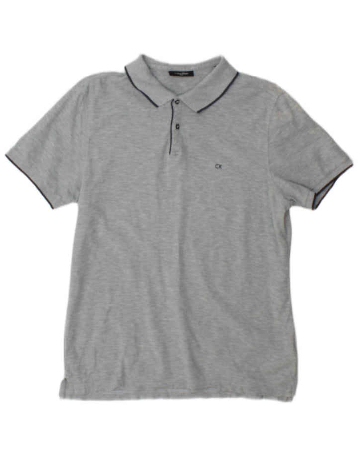 Camisa polo masculina Calvin Klein pequena cinza manchada de algodão