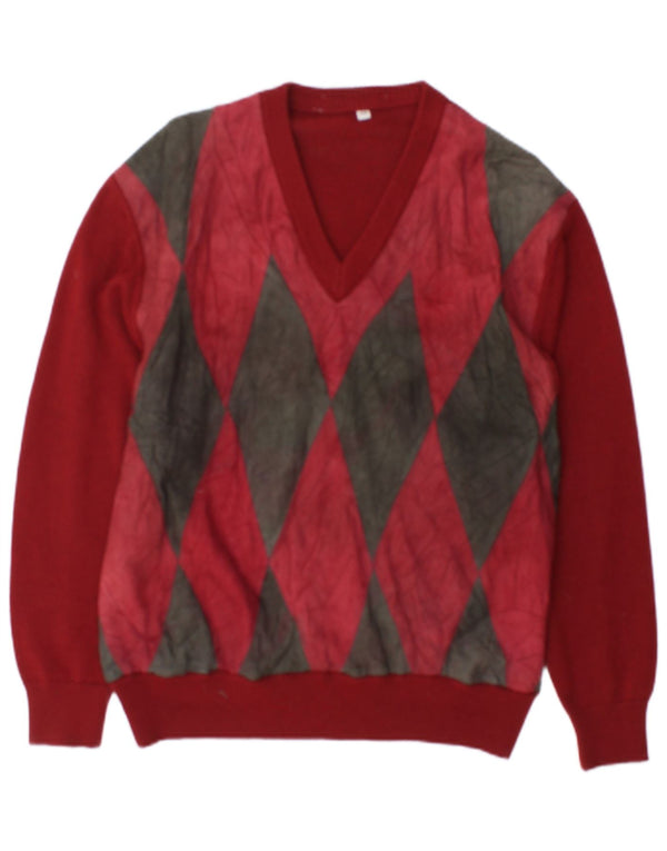 Suéter masculino vintage com decote em V IT 48 Médio Borgonha Argyle/Diamante