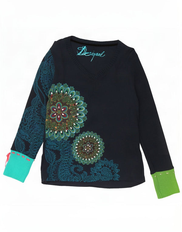 Top gráfico feminino Desigual manga comprida UK 18 XL azul marinho algodão floral