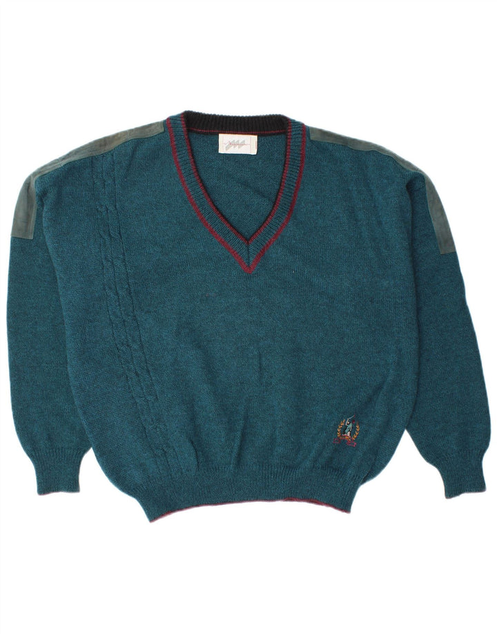 Suéter masculino vintage com decote em V grande lã colorblock azul