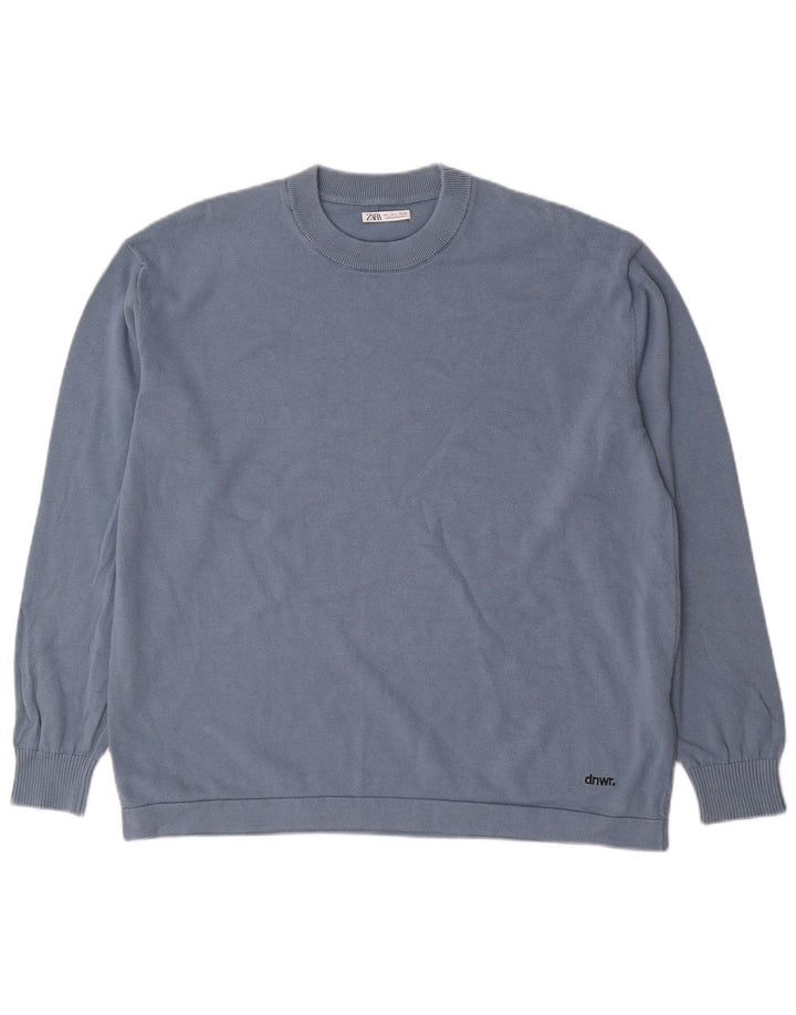 Zara Suéter masculino com gola redonda grande algodão azul