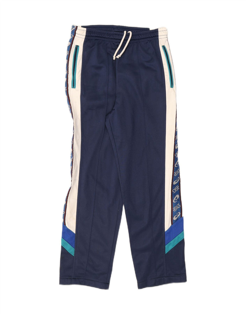 ASICS Mens Graphic Tracksuit Trousers Small Navy Blue Colourblock Vintage Asics and Second-Hand Asics from Messina Hembry 