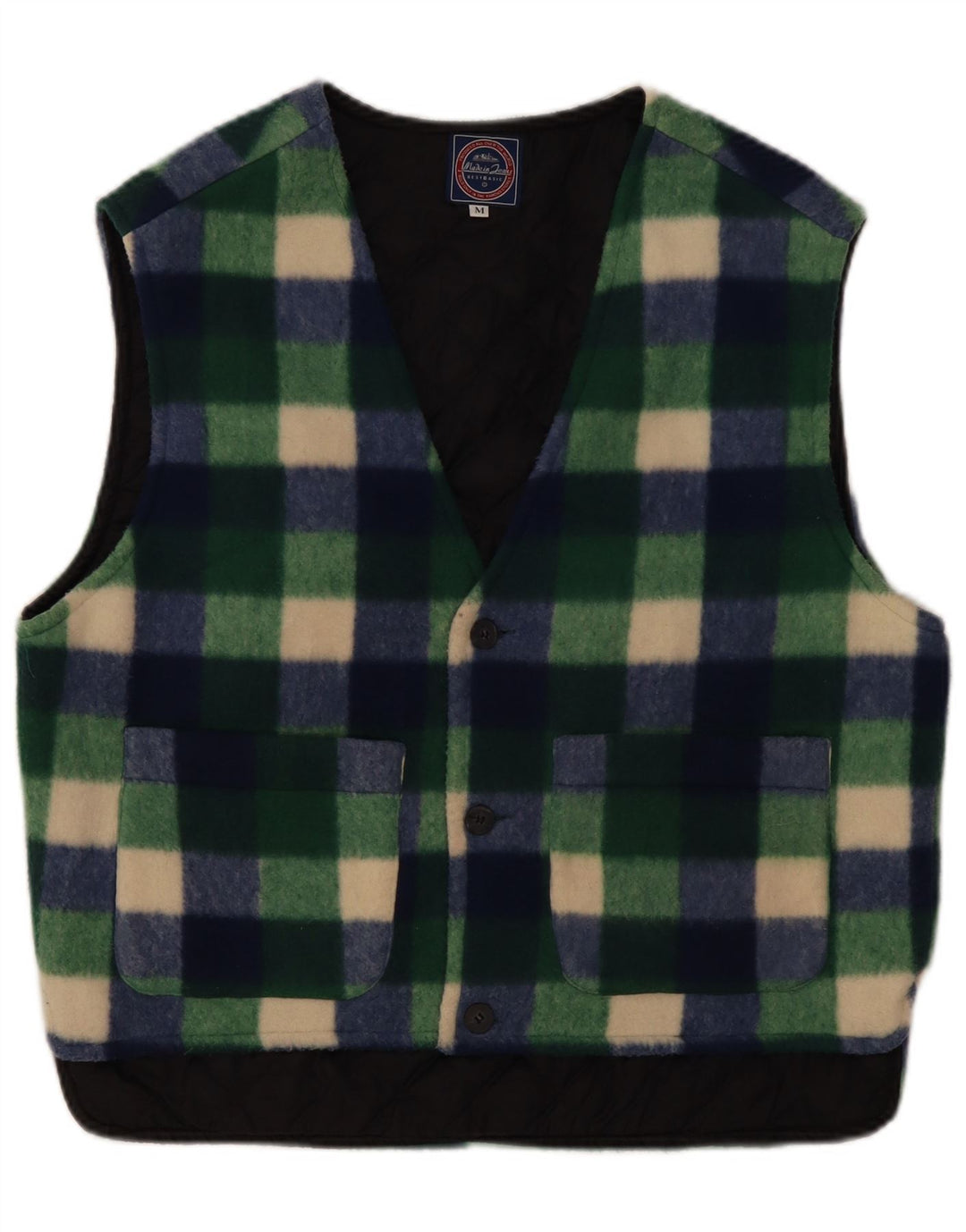 Vintage Mens Fleece Gilet UK 38 Poliéster Gingham Verde Médio