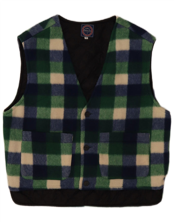 Vintage Mens Fleece Gilet UK 38 Poliéster Gingham Verde Médio