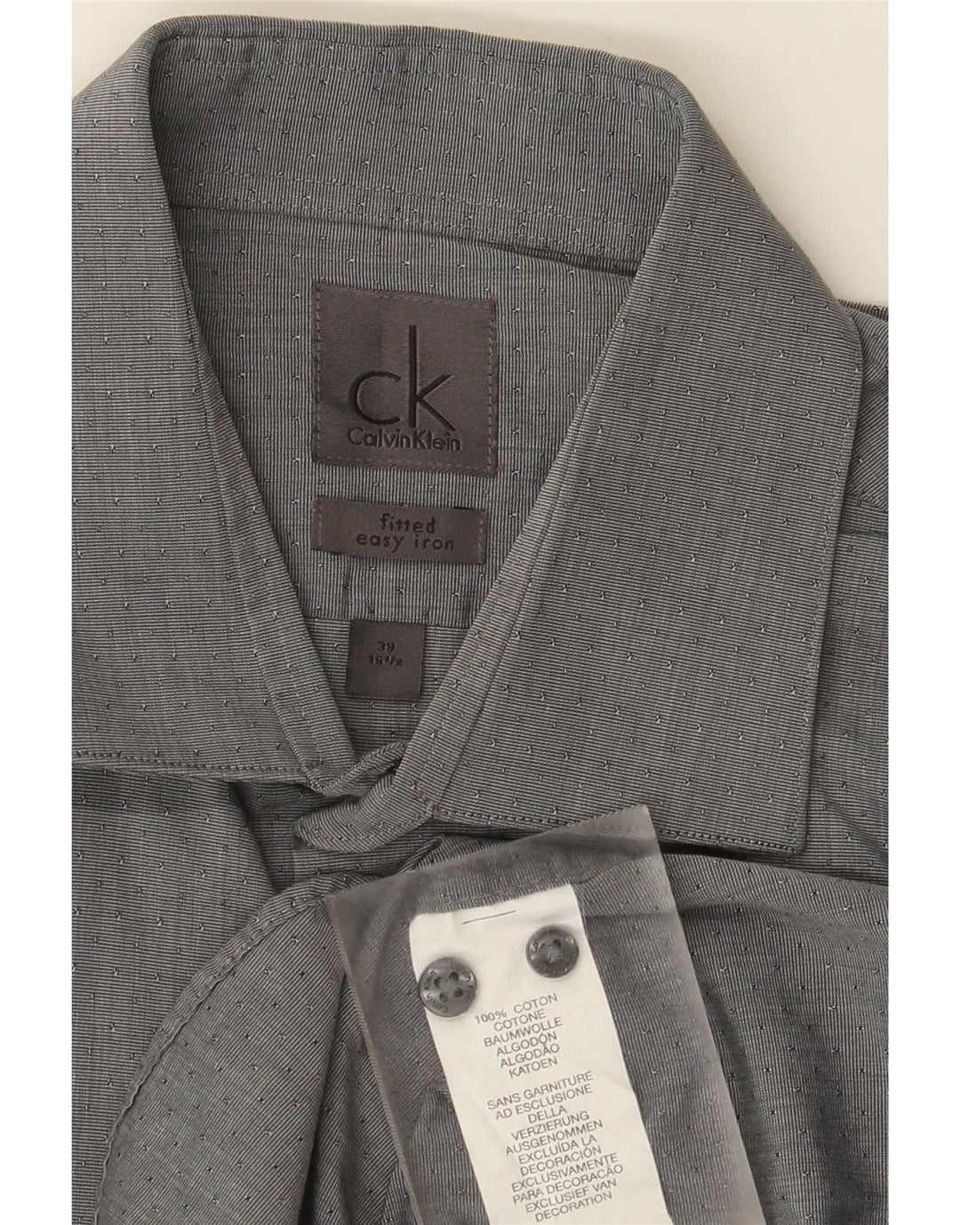 Camisa masculina Calvin Klein justa tamanho 39 15 1/2 algodão manchado cinza médio