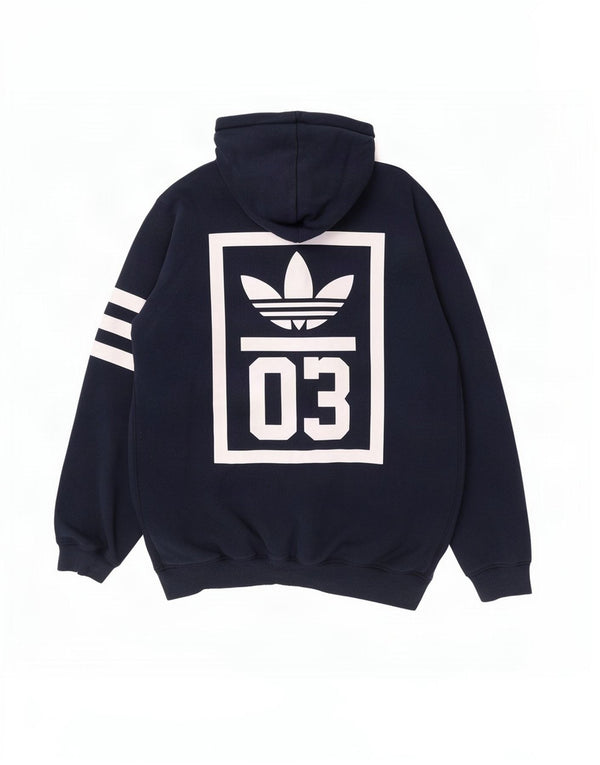 Suéter masculino Adidas com capuz e zíper gráfico grande algodão listrado azul marinho