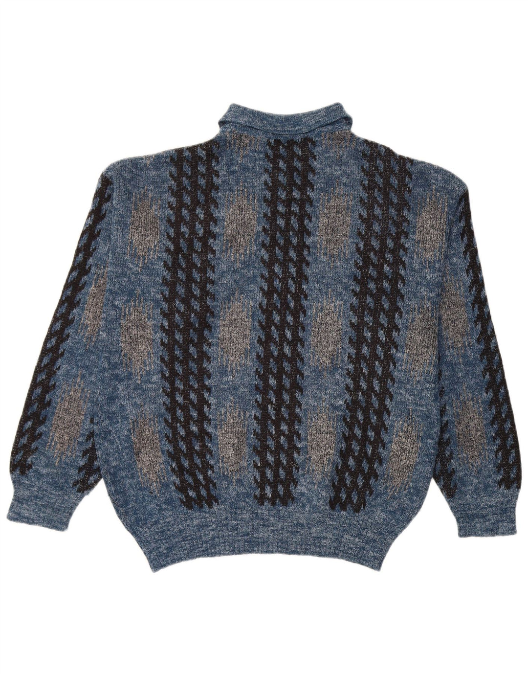 Suéter masculino vintage com gola polo e azul médio geométrico