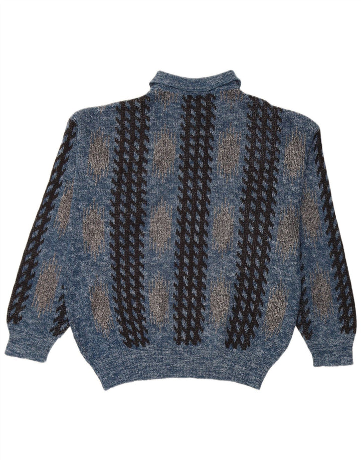 Suéter masculino vintage com gola polo e azul médio geométrico