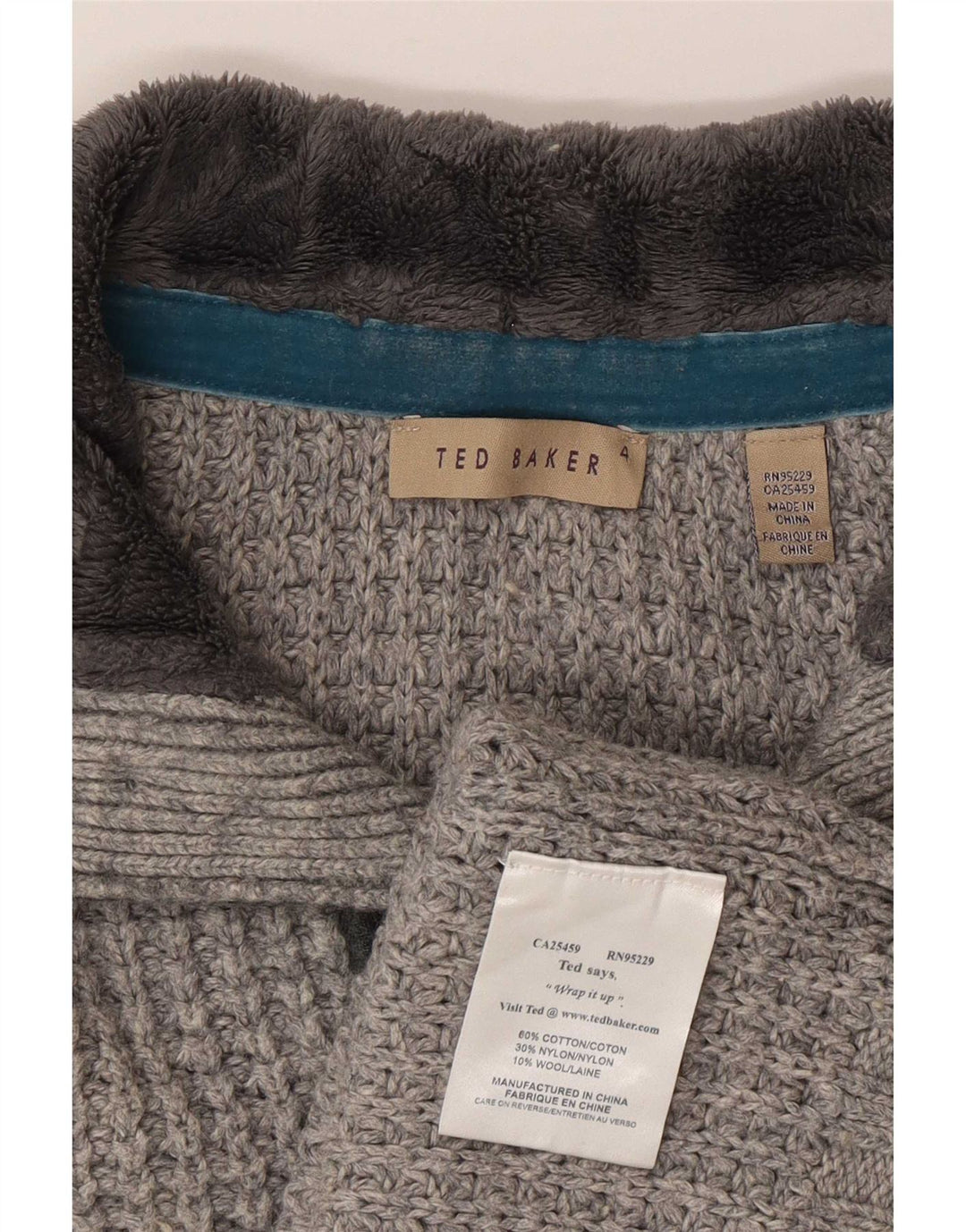 Suéter masculino Ted Baker com gola redonda e botão, tamanho 4, algodão cinza grande