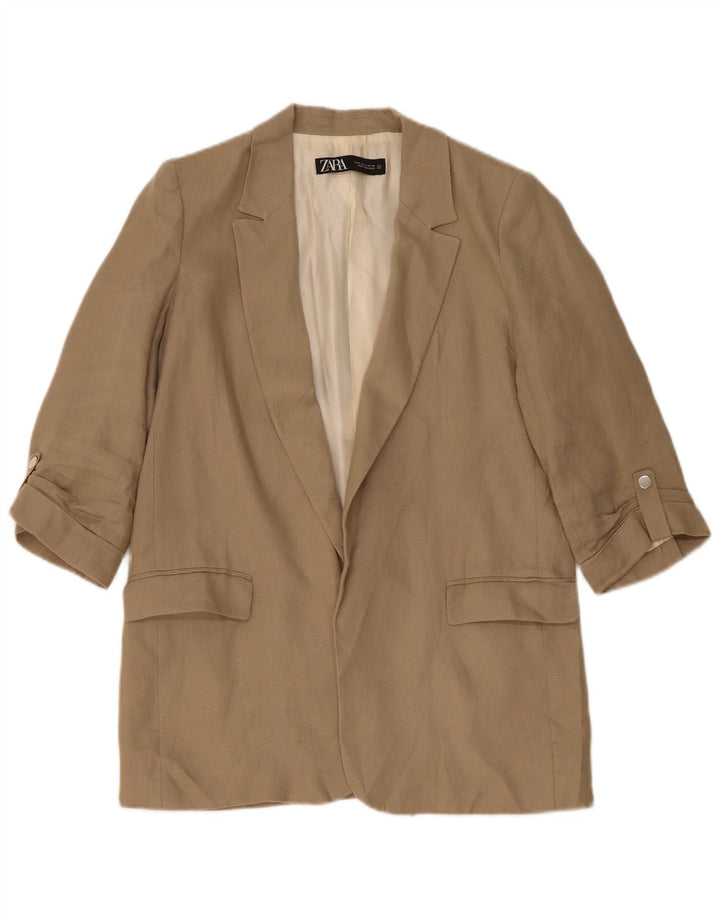 Zara Jaqueta blazer feminina manga 3/4 aberta Reino Unido 14 linho bege médio