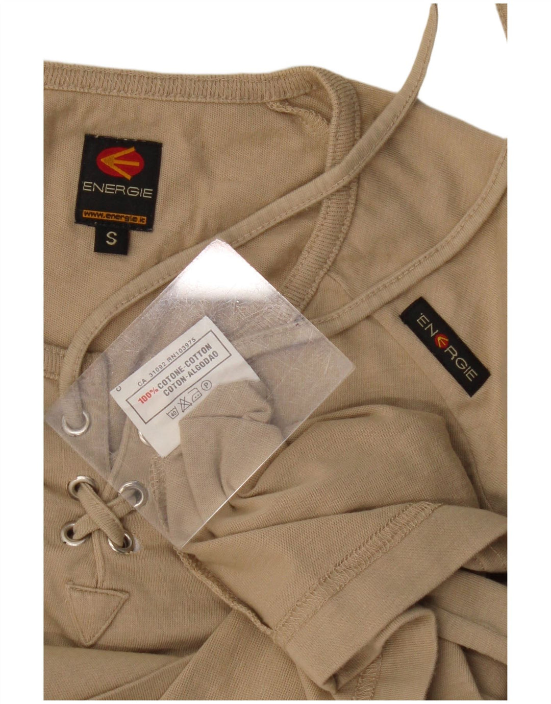 Camiseta feminina Energie Top UK 10 pequeno algodão bege