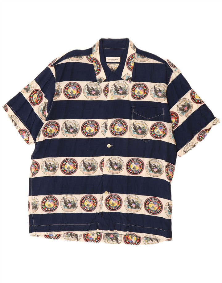 Camisa masculina VINTAGE estampada de manga curta grande viscose listrada azul marinho