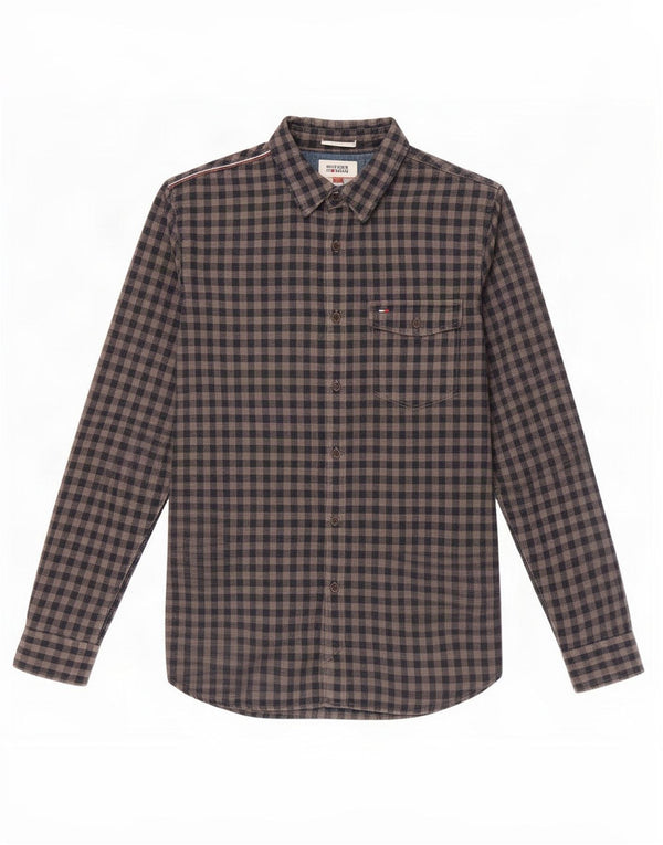 Tommy Hilfiger Camisa masculina de flanela slim fit grande algodão guingão cinza