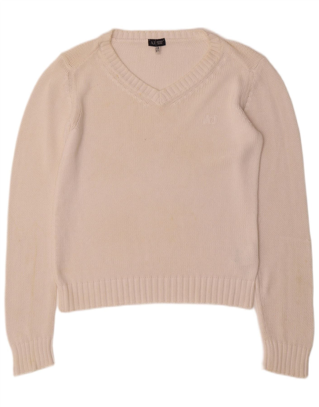 Suéter feminino ARMANI JEANS com decote em V Reino Unido 16 grande algodão branco