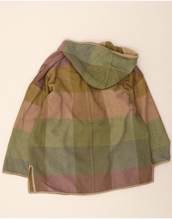 Casaco Duffle feminino vintage com capuz grande IT 42 lã xadrez cáqui médio